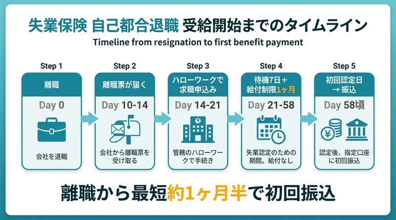 失業保険 自己都合 受給開始までのタイムライン 離職日から最短1ヶ月で振込までの流れ図解