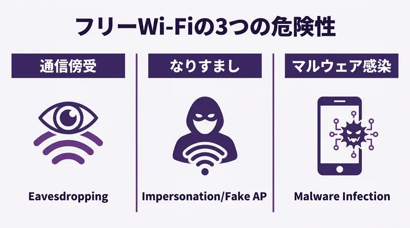 フリーWi-Fiの3つの危険性（通信傍受・なりすまし・マルウェア感染）を示した図解