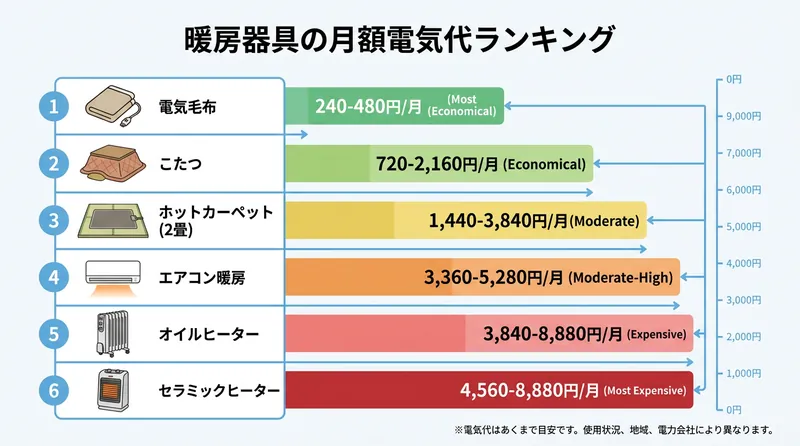 暖房器具の月額電気代ランキング 比較インフォグラフィック