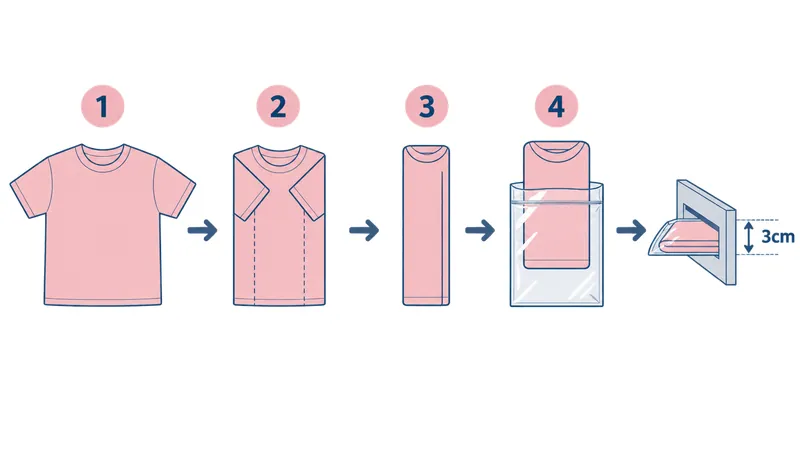 Tシャツを袖・縦三つ折り・OPP袋の順でたたみ、厚さ3cmの定規に通す手順