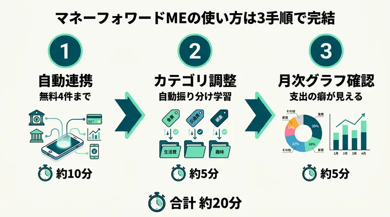 マネーフォワードMEの使い方3手順を説明するインフォグラフィック