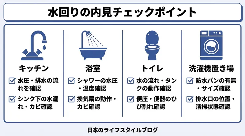水回りの内見チェックポイント：キッチン・浴室・トイレ・洗濯機置き場の確認項目
