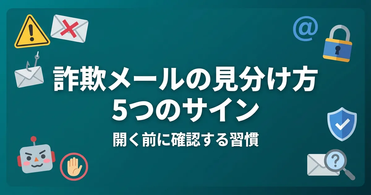 詐欺メールの見分け方を5つのサインで判別するイメージイラスト