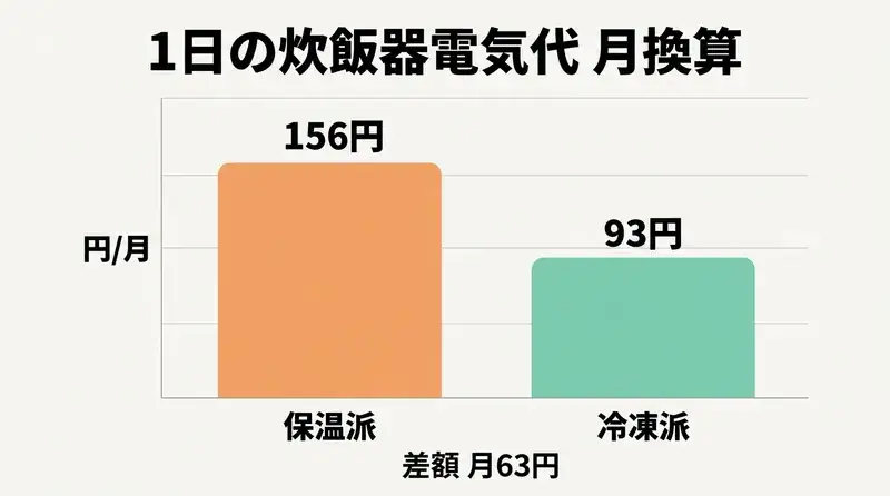 1日の炊飯器電気代を月換算した棒グラフ 保温派156円 冷凍派93円 差額63円