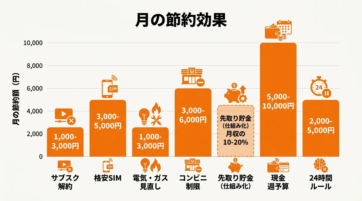 無駄遣いをやめる方法7選の月の節約効果を比較した棒グラフ