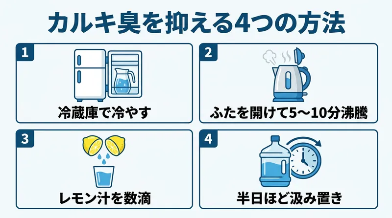 水道水のカルキ臭を抑える4つの方法 冷蔵庫で冷やす・ふたを開けて5〜10分沸騰・レモン汁を数滴・半日汲み置き