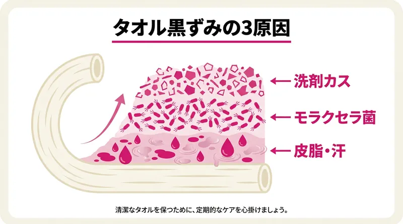 タオル黒ずみの3つの原因 皮脂と汗・モラクセラ菌・洗剤カスが層になる図解